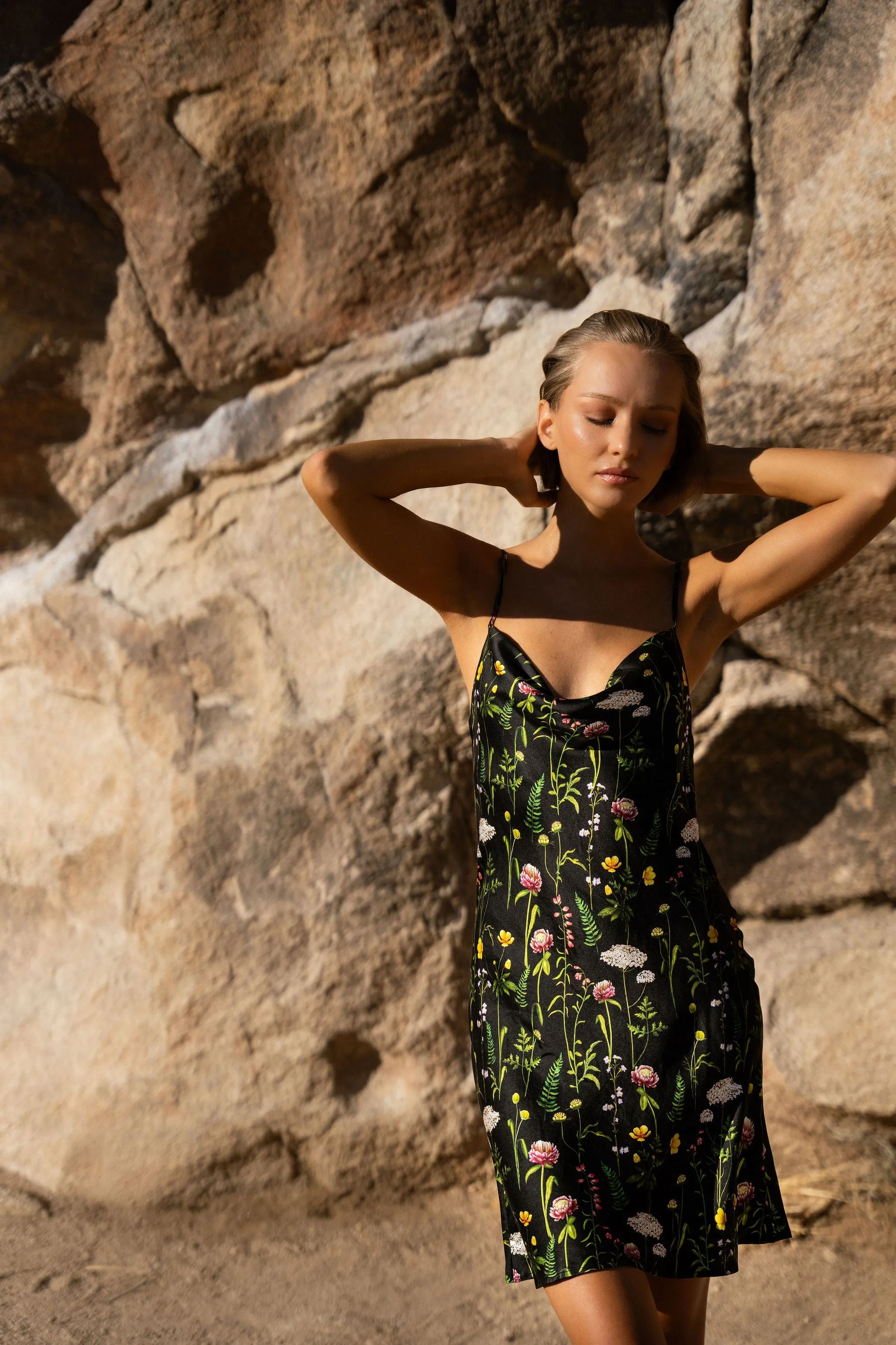 60s Silk Cowl Mini Slip Dress - Prints