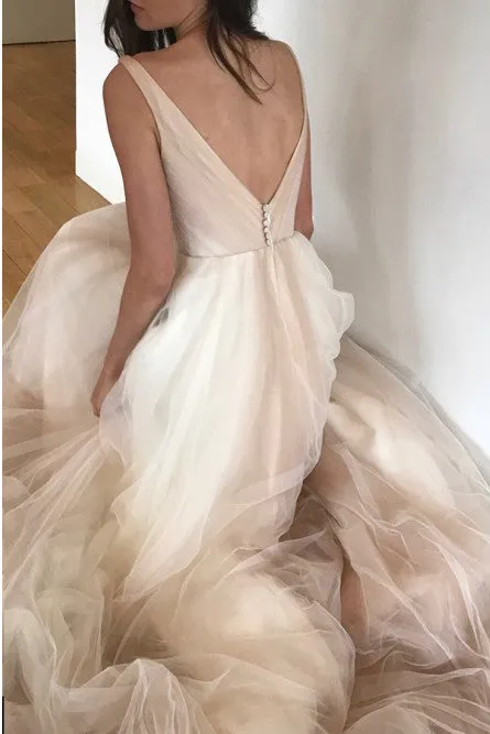 A-Line V-Neck Backless Sleeveless Sweep Train Tulle Wedding Dress with Pockets OHD115