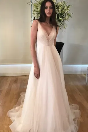 A-Line V-Neck Backless Sleeveless Sweep Train Tulle Wedding Dress with Pockets OHD115