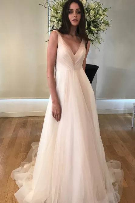 A-Line V-Neck Backless Sleeveless Sweep Train Tulle Wedding Dress with Pockets OHD115