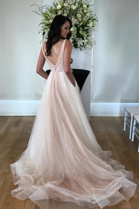 A-Line V-Neck Backless Sleeveless Sweep Train Tulle Wedding Dress with Pockets OHD115