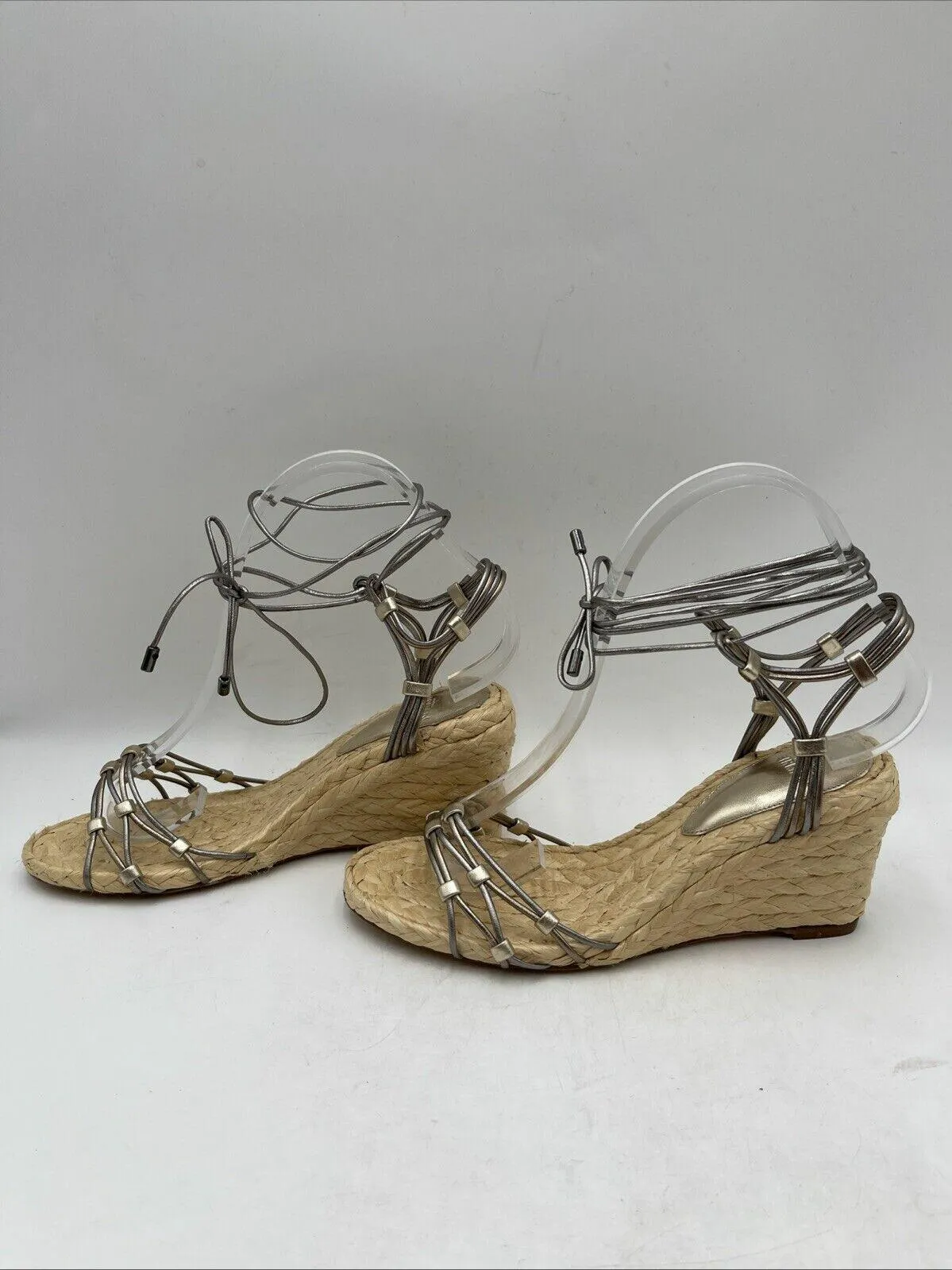 ALEXANDRE BIRMAN Leona Ankle-Wrap Metallic Leather Espadrille Wedge Sandals 37 - Very Good