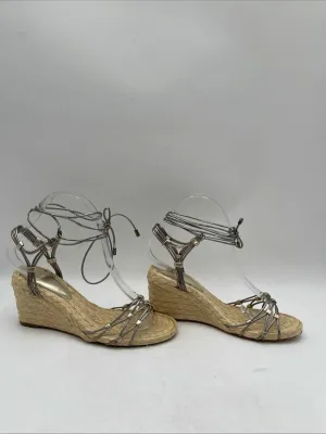ALEXANDRE BIRMAN Leona Ankle-Wrap Metallic Leather Espadrille Wedge Sandals 37 - Very Good