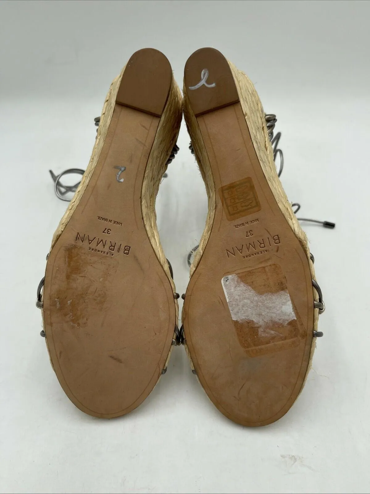 ALEXANDRE BIRMAN Leona Ankle-Wrap Metallic Leather Espadrille Wedge Sandals 37 - Very Good