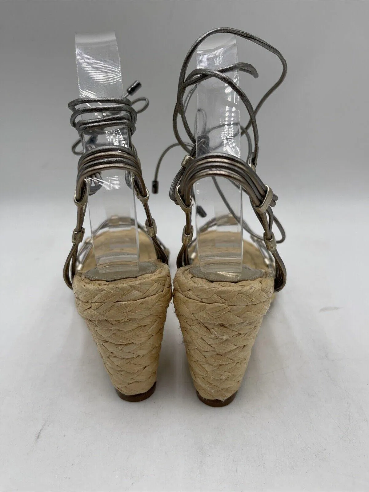 ALEXANDRE BIRMAN Leona Ankle-Wrap Metallic Leather Espadrille Wedge Sandals 37 - Very Good