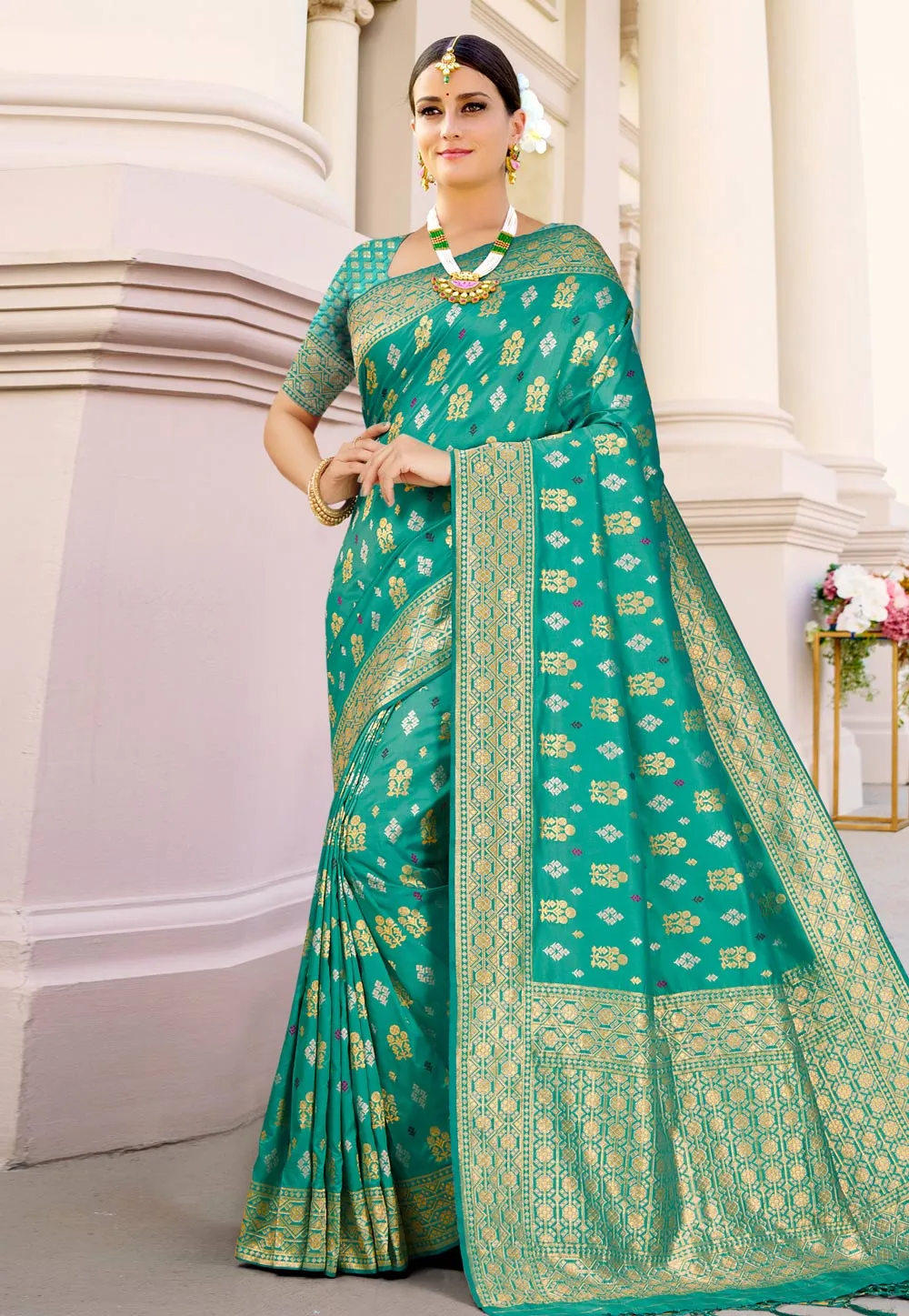 Aqua Blue Indian Banarasi Silk Saree