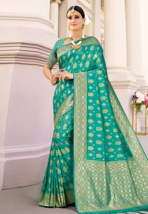 Aqua Blue Indian Banarasi Silk Saree