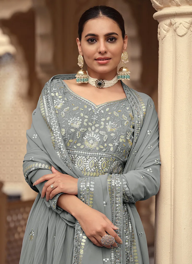 Ash Grey Multi Embroidery Festive Anarkali Suit