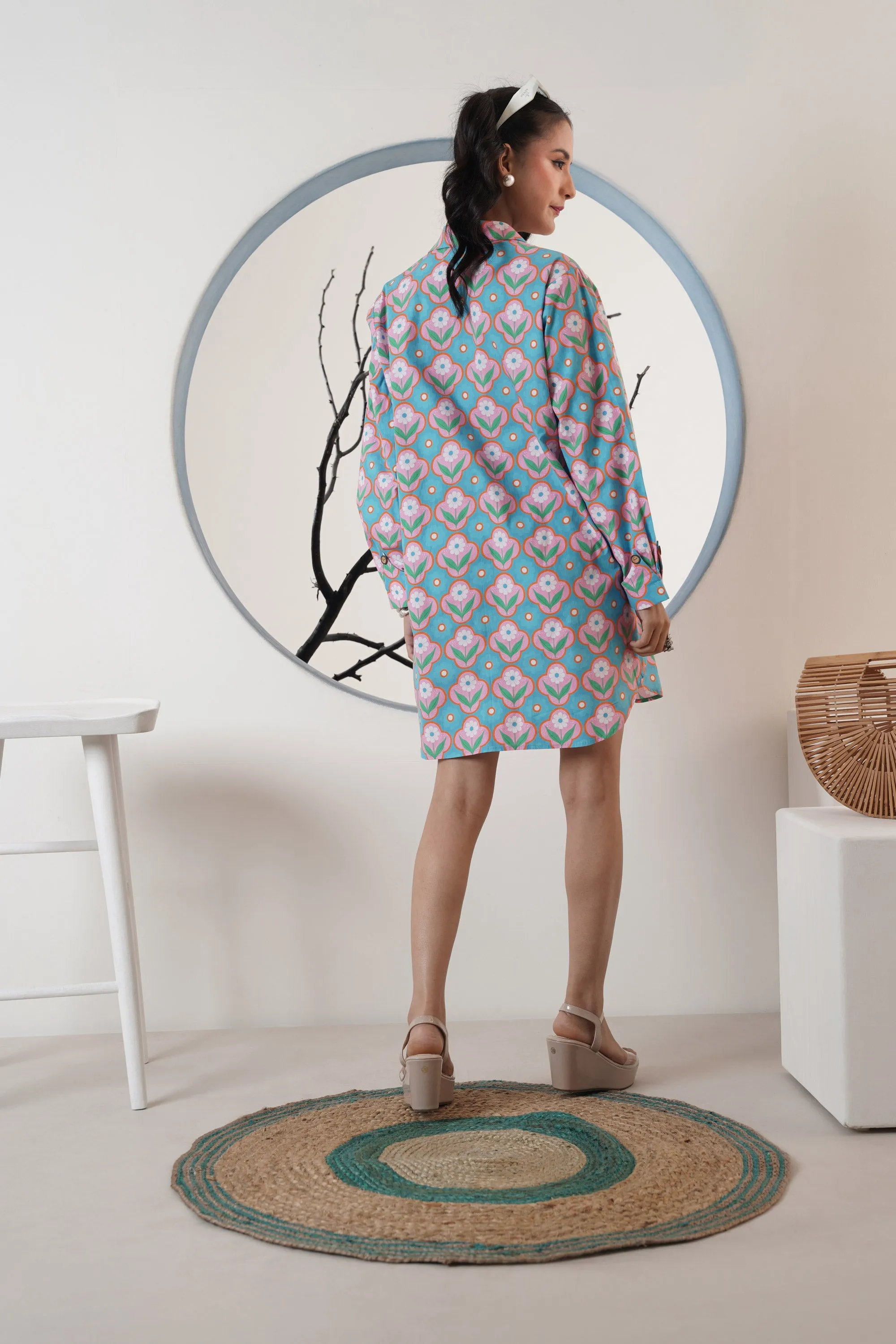 Azure Blossom Shirt Dress