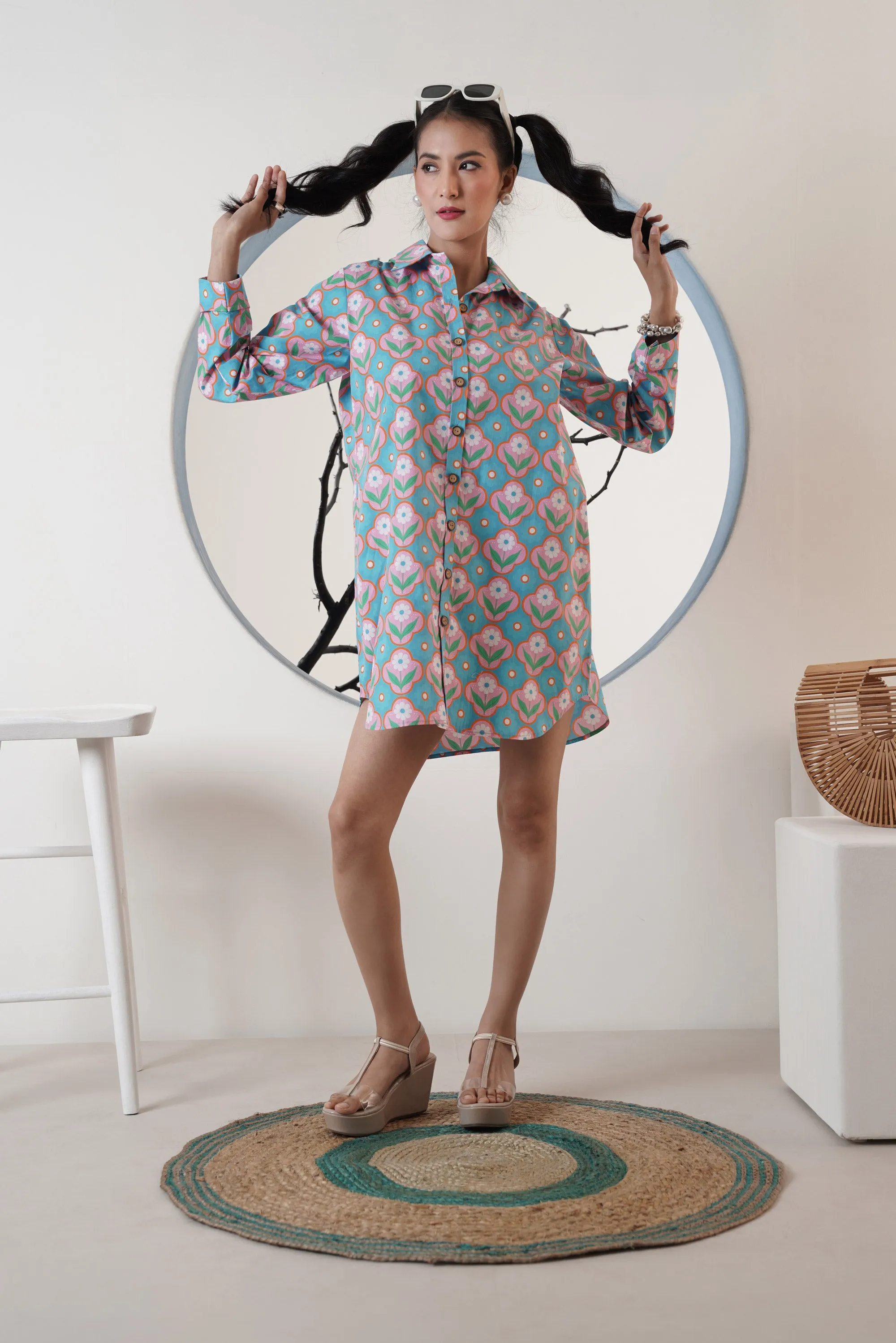 Azure Blossom Shirt Dress
