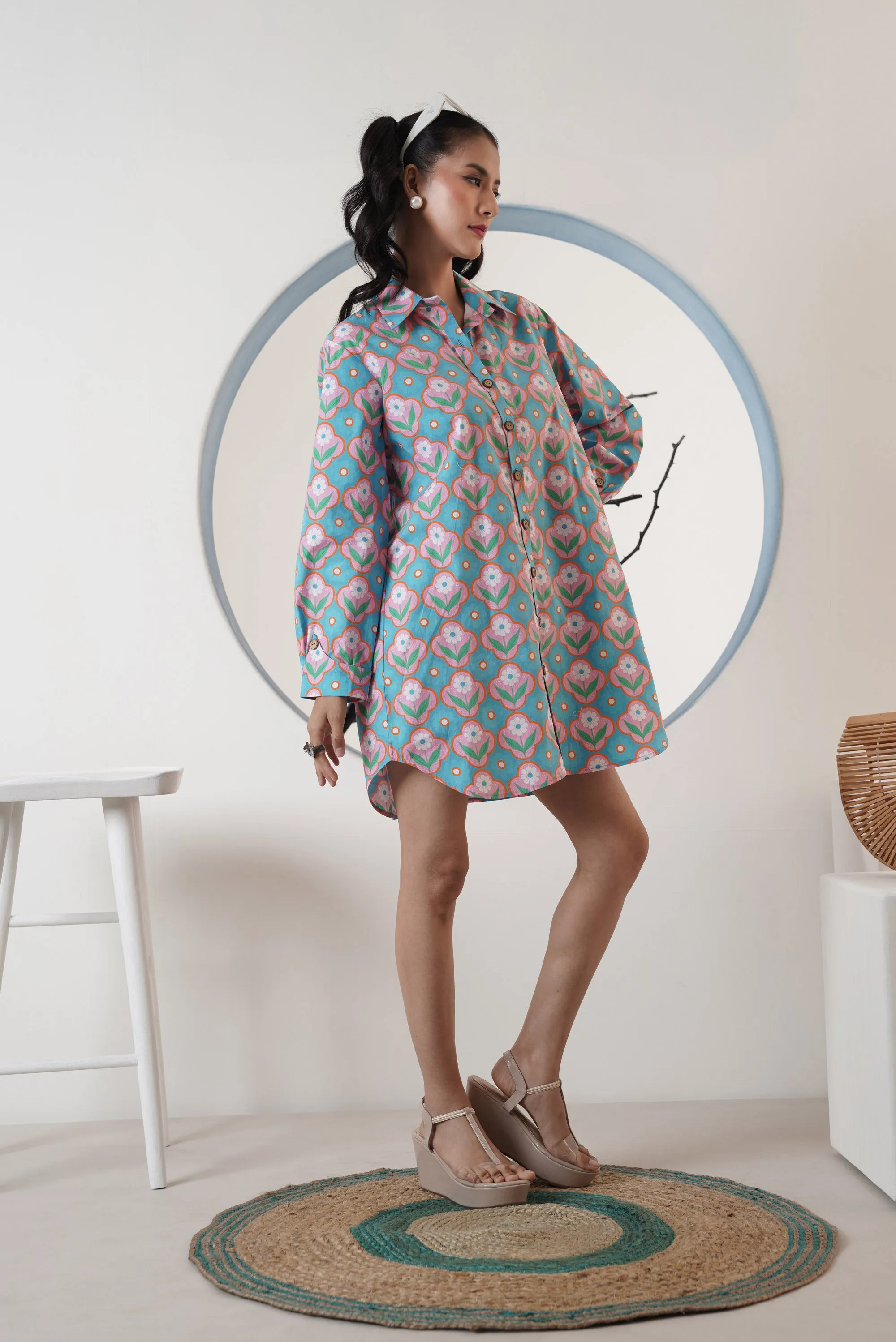 Azure Blossom Shirt Dress