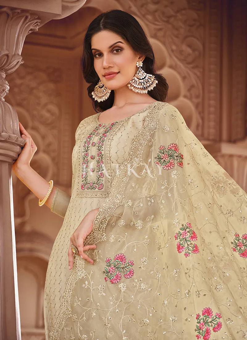 Beige Embroidered Pakistani Pant Style Suit