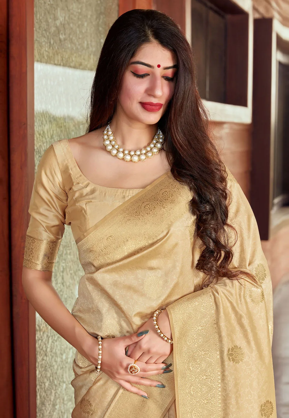 Beige Golden Jacquard Silk Saree