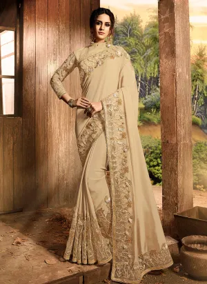 Beige Golden With Multi Embroidered Pallu Traditional Saree