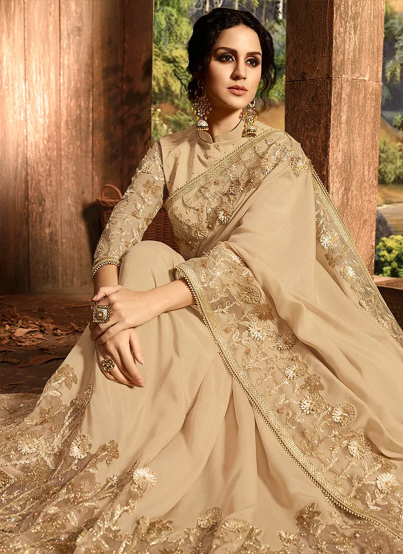 Beige Golden With Multi Embroidered Pallu Traditional Saree