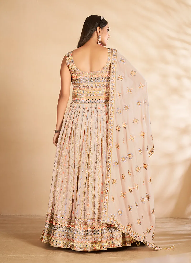 Beige Mirror Embroidered Anarkali Gown