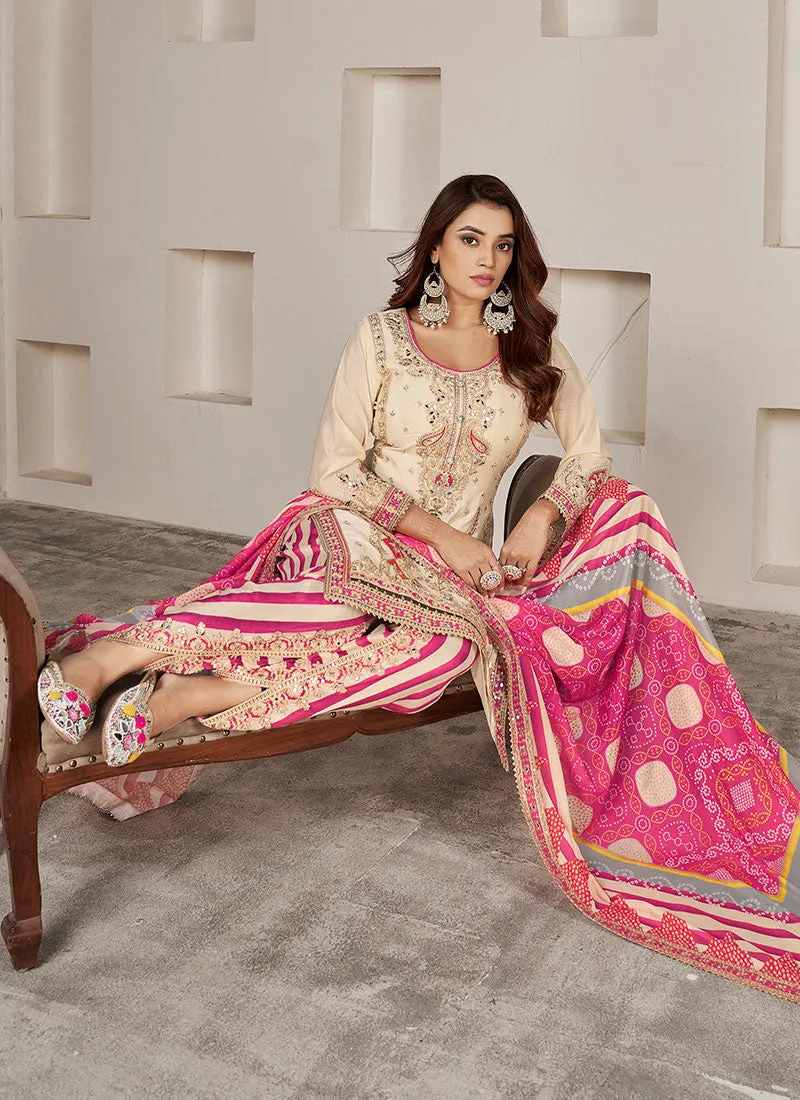 Beige Multi Embroidered Kurti And Dhoti Style Pant Suit