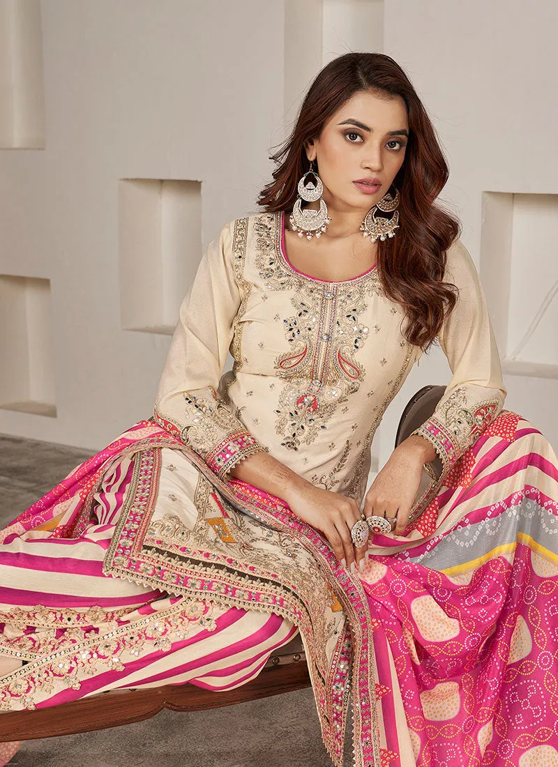 Beige Multi Embroidered Kurti And Dhoti Style Pant Suit