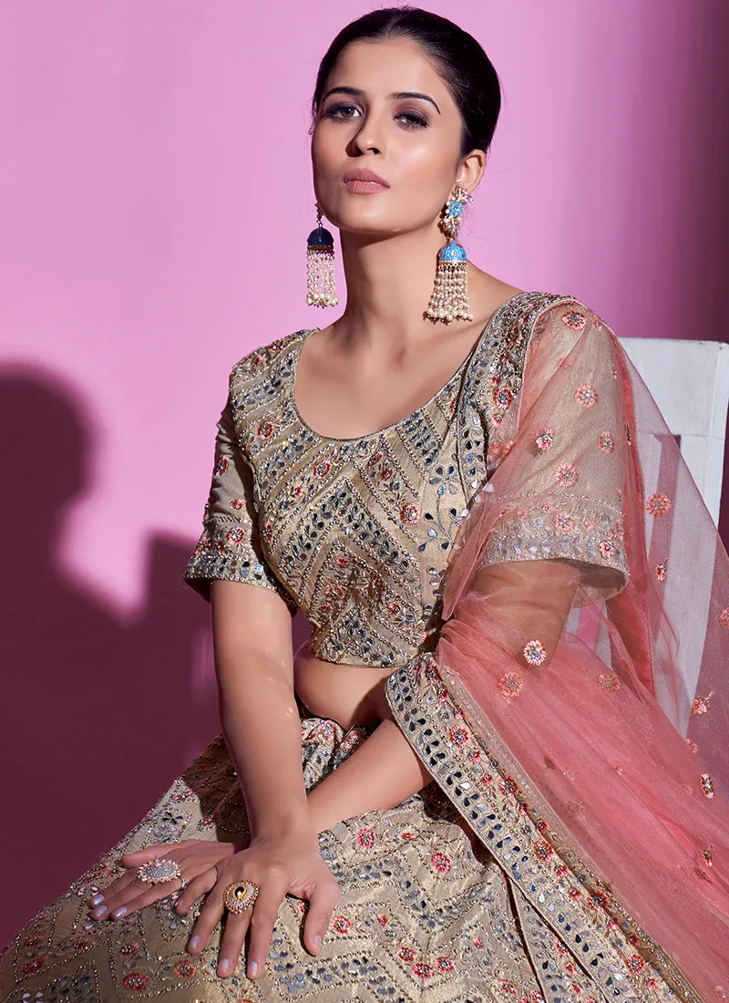 Beige Peach Mirror Work Embroidery Wedding Lehenga Choli