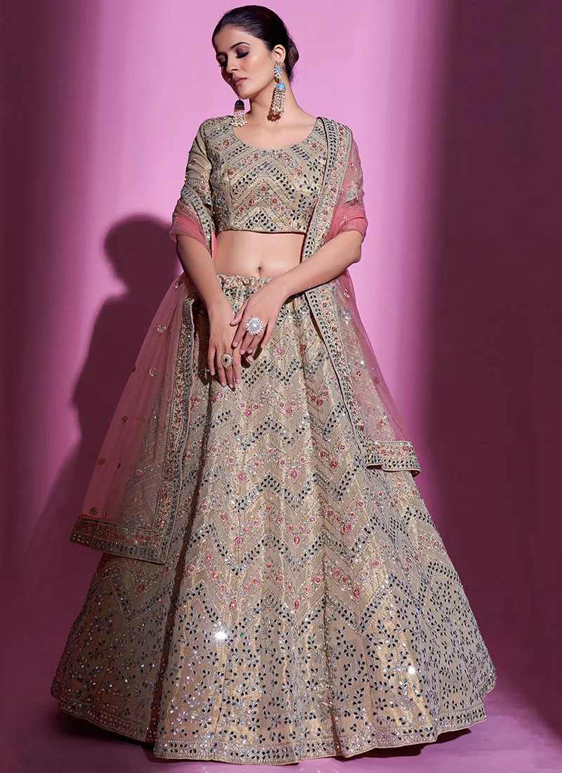 Beige Peach Mirror Work Embroidery Wedding Lehenga Choli
