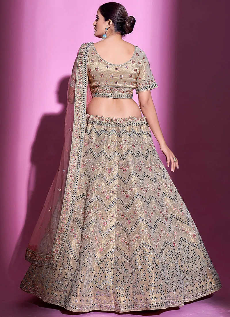 Beige Peach Mirror Work Embroidery Wedding Lehenga Choli