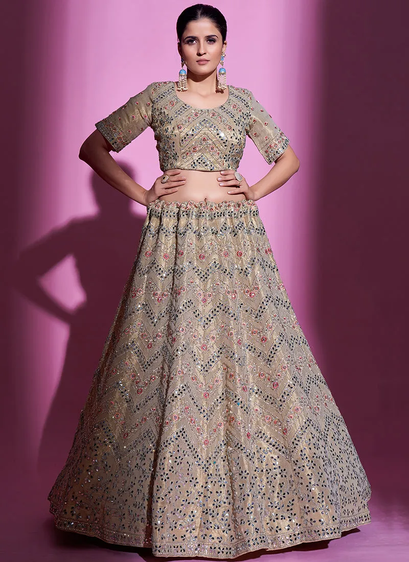 Beige Peach Mirror Work Embroidery Wedding Lehenga Choli