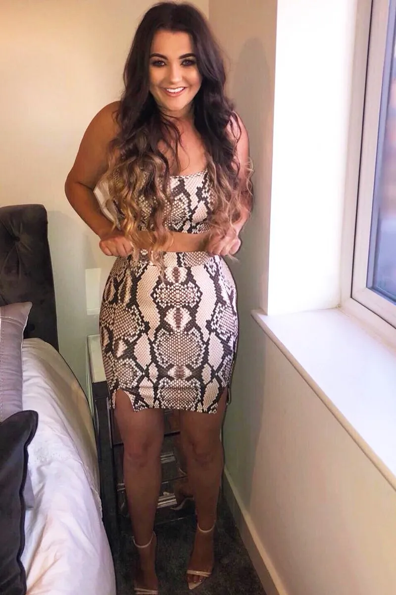 Beige Snake Print Crop Top And Bodycon Skirt Co-Ord - Aamyah