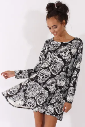 Black & White Halloween Sugar Skull Swing Dress - Calavera