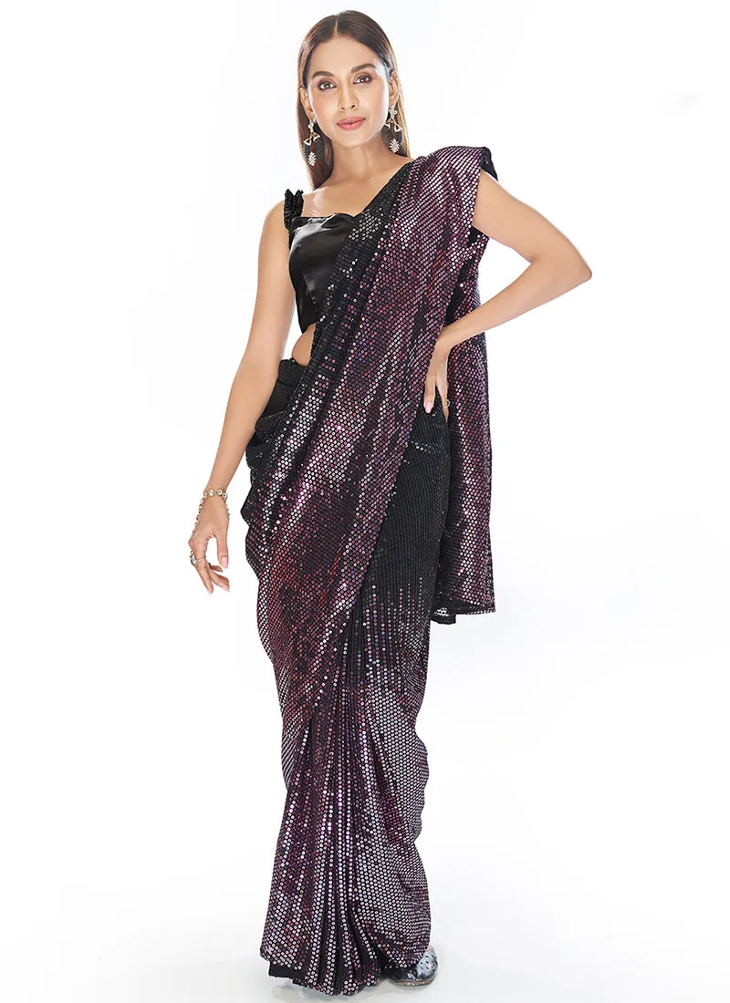 Black And Purple Sequence Embroidery Georgette Saree