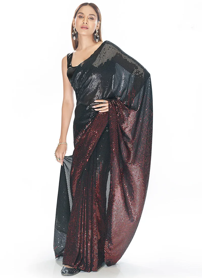 Black And Red Sequence Embroidery Georgette Saree