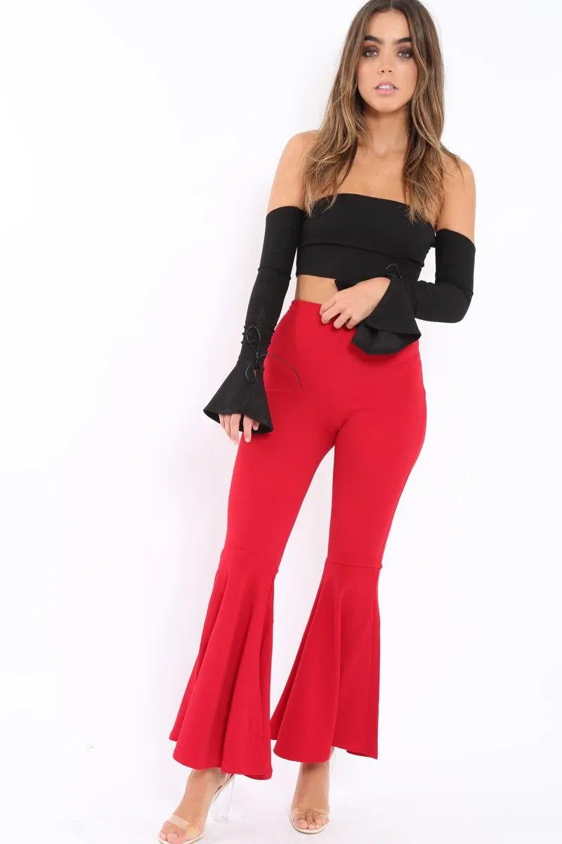 Black Bardot Frill Bell Sleeve Crop Top - Cobie