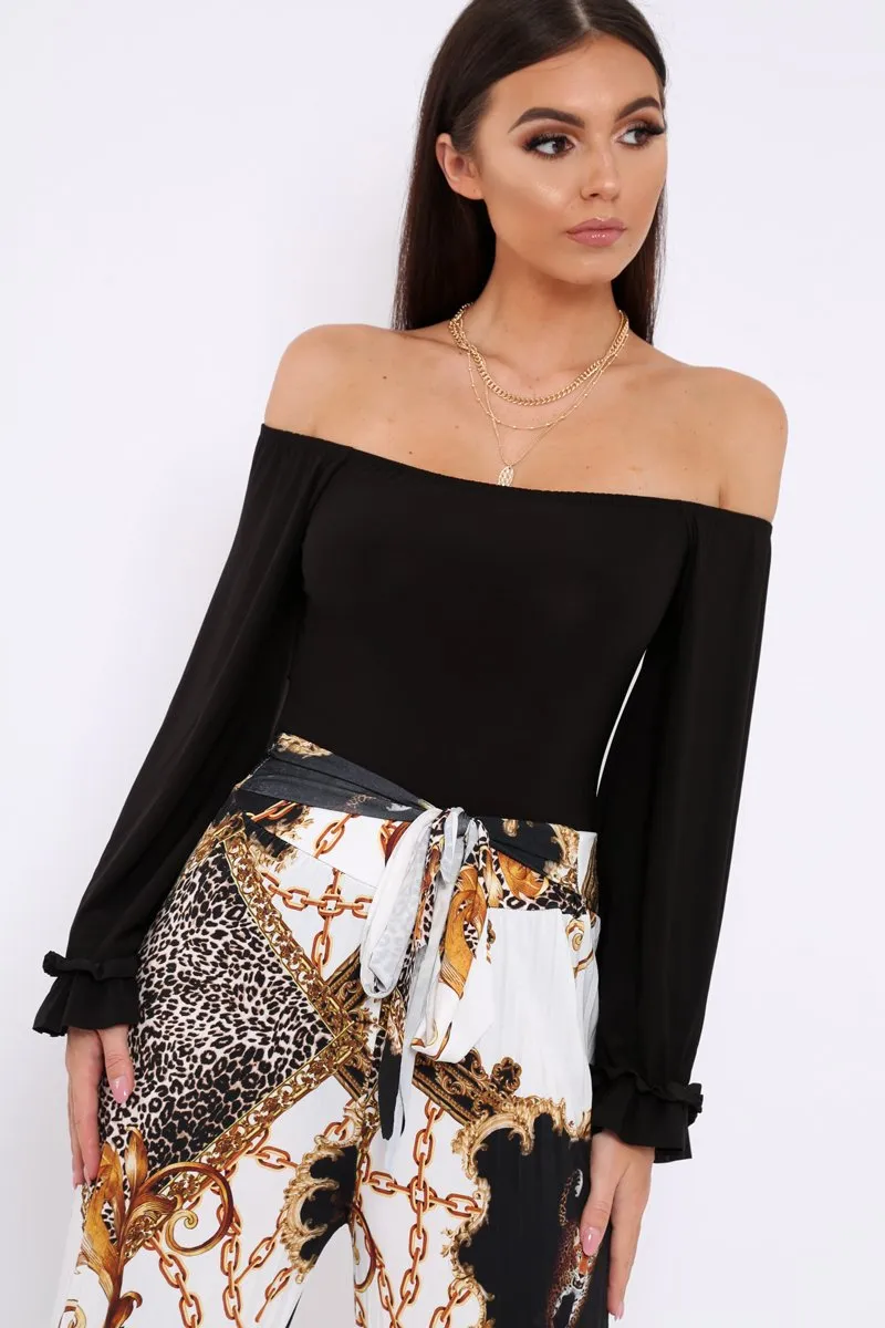 Black Bardot Frill Flare Sleeve Bodysuit - Sofiya