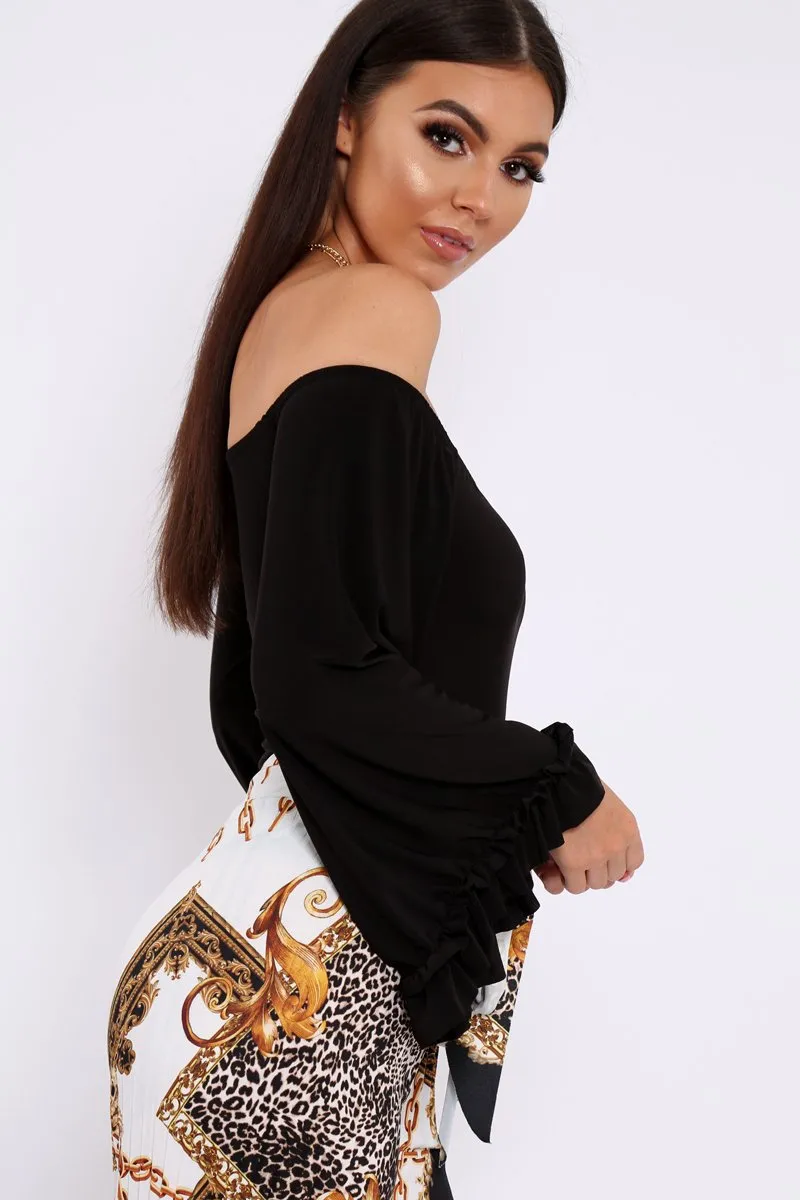 Black Bardot Frill Flare Sleeve Bodysuit - Sofiya