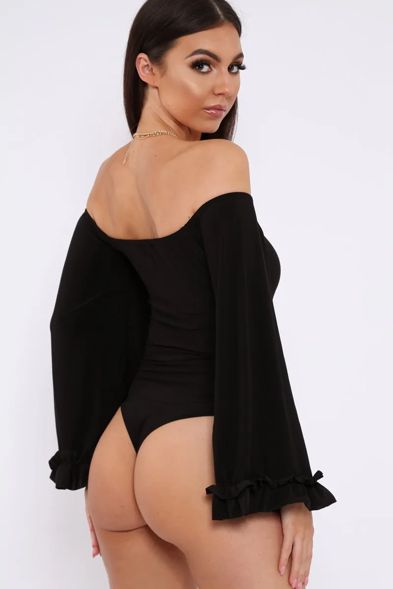 Black Bardot Frill Flare Sleeve Bodysuit - Sofiya