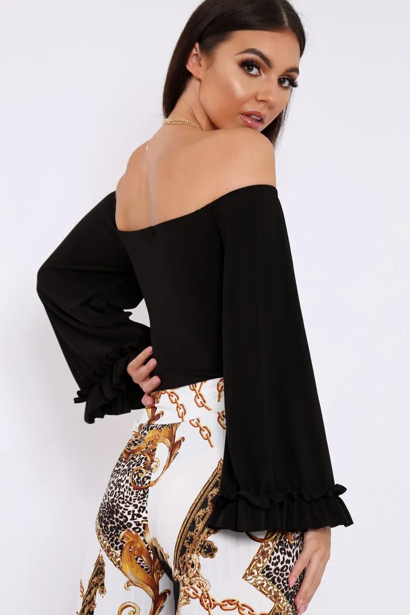 Black Bardot Frill Flare Sleeve Bodysuit - Sofiya