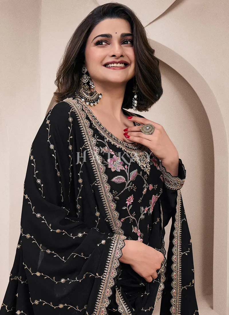 Black Floral Embroidery Palazzo Suit