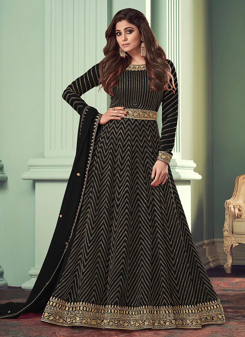Black Golden Embroidered Belt Style Anarkali Suit