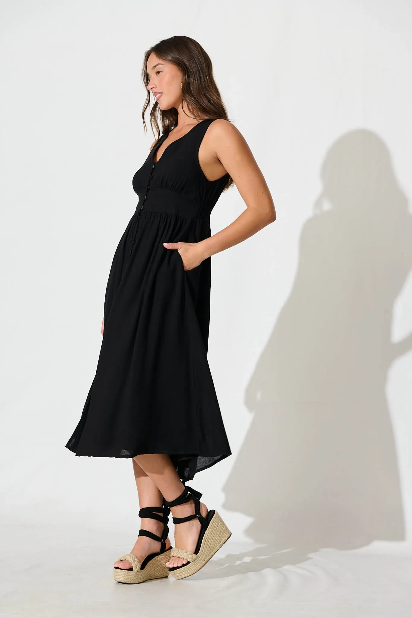 Black Linen Cotton Midi Dress - Ryland