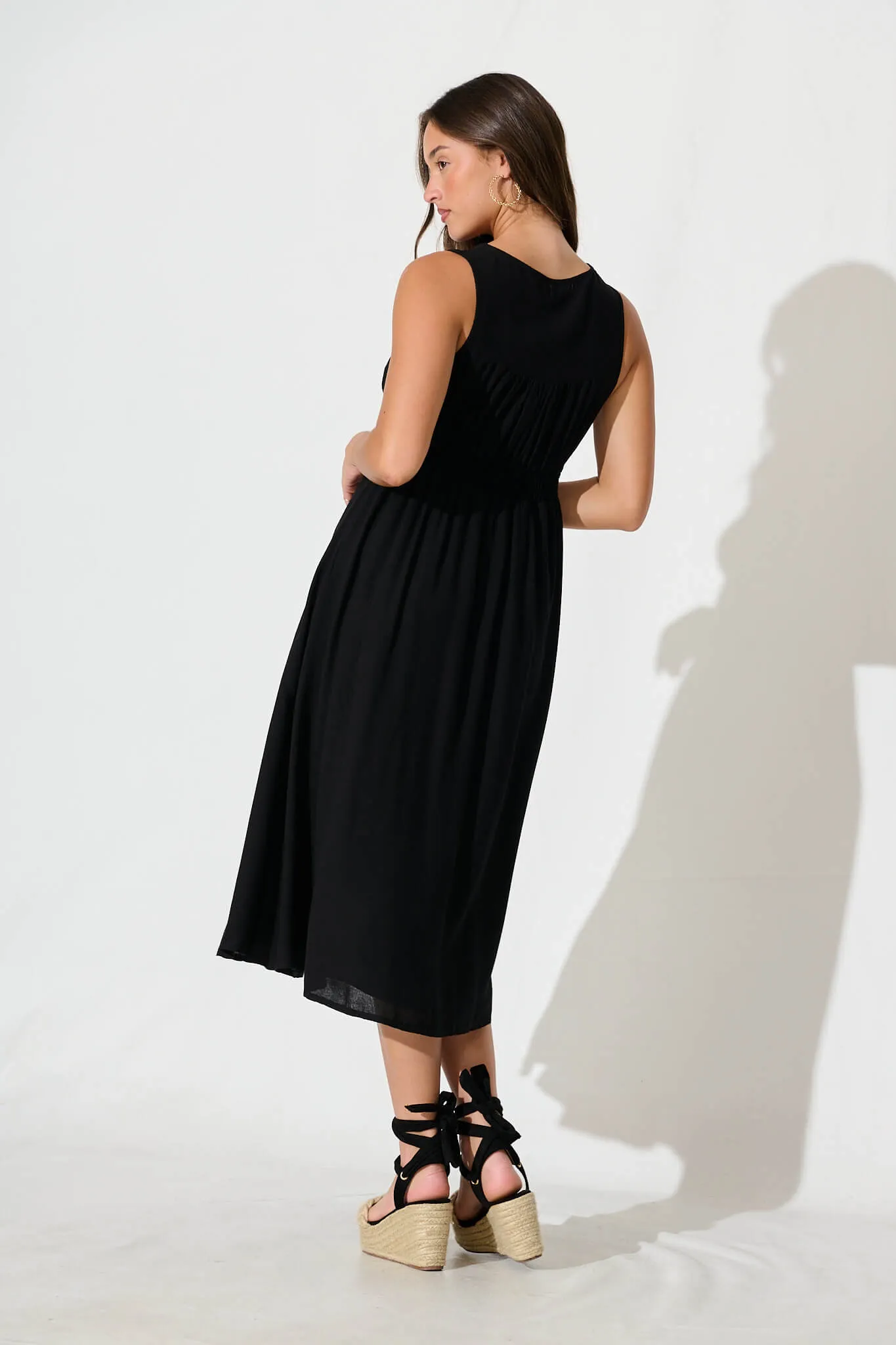 Black Linen Cotton Midi Dress - Ryland