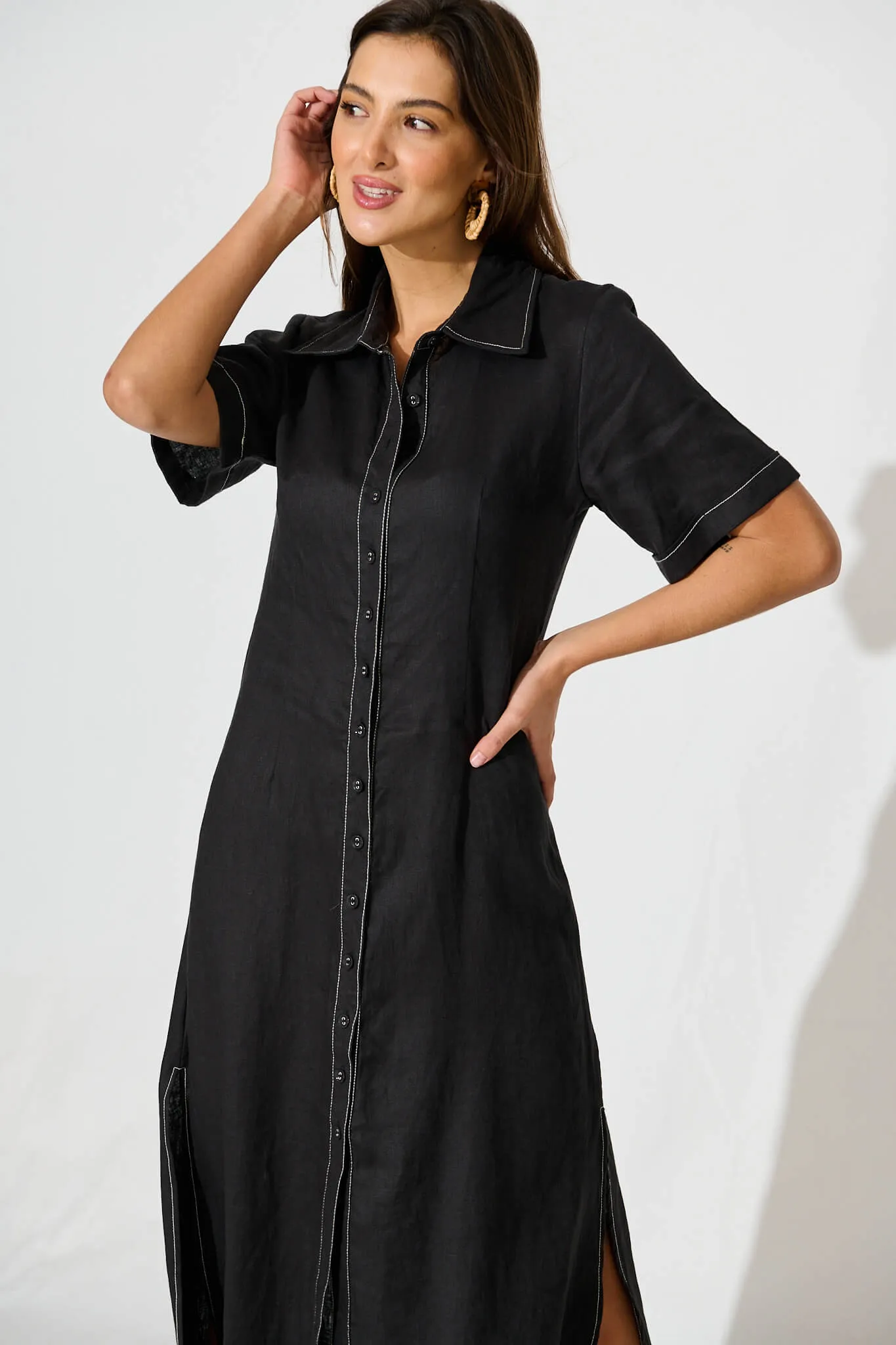 Black Linen Maxi Shirt Dress by Christiana