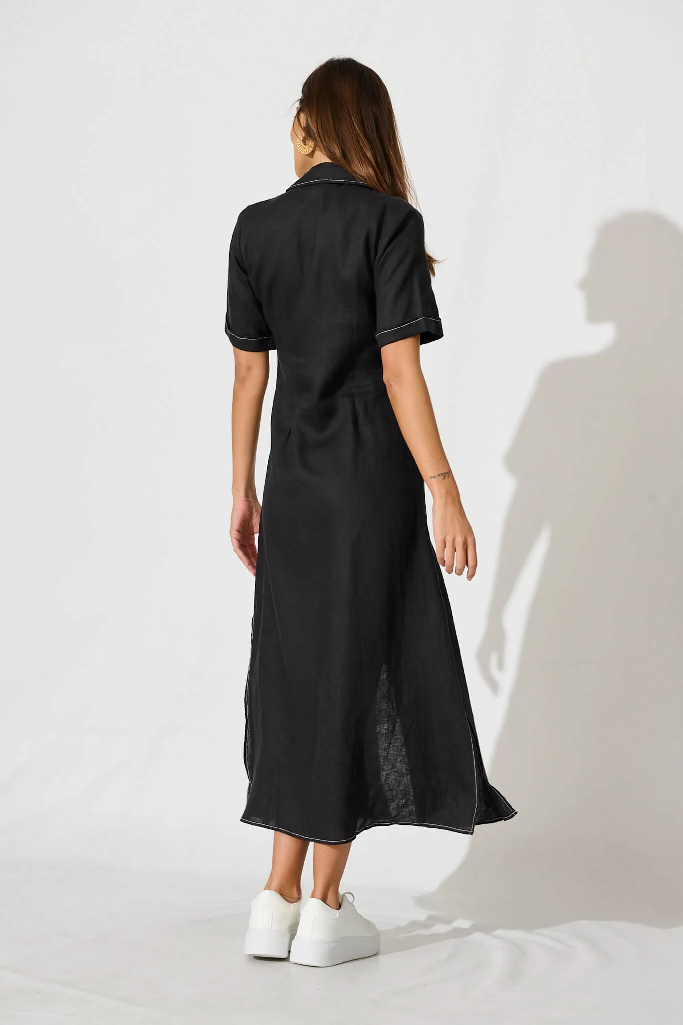 Black Linen Maxi Shirt Dress by Christiana