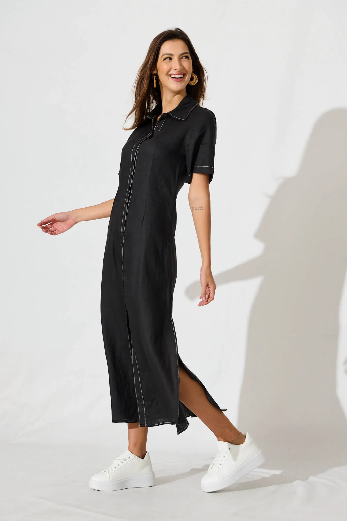 Black Linen Maxi Shirt Dress by Christiana
