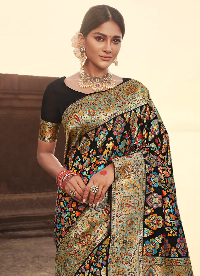 Black Multi Traditional Motifs Detailed Banarasi Kora Silk Saree