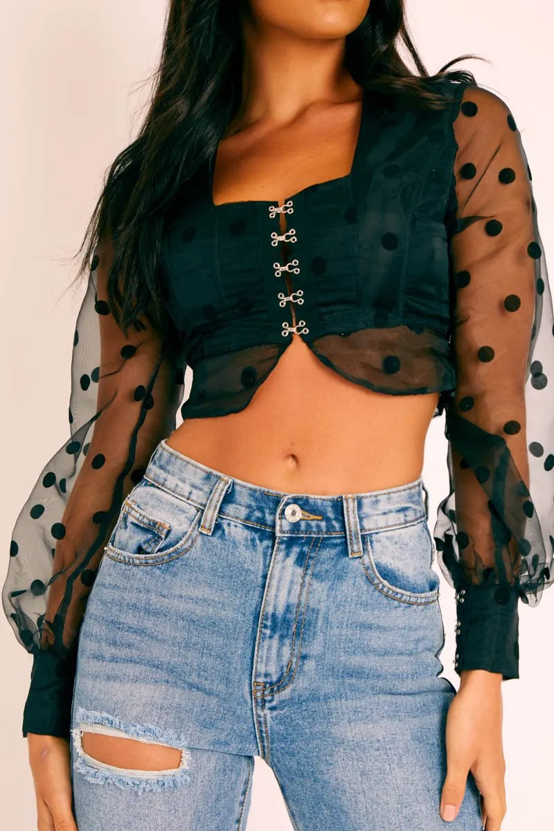 Black Polka Dot Mesh Front Fastening Crop Top - Kacy