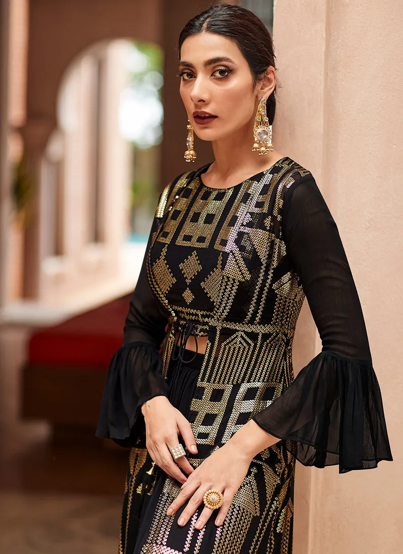 Black Sequence Embroidered Jacket Style Palazzo Suit