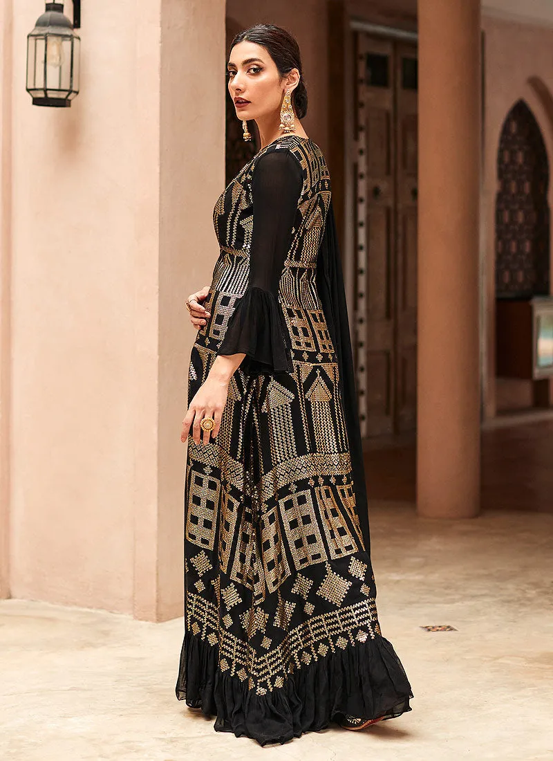 Black Sequence Embroidered Jacket Style Palazzo Suit
