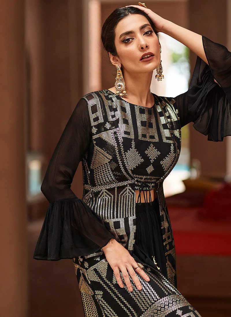 Black Sequence Embroidered Jacket Style Palazzo Suit