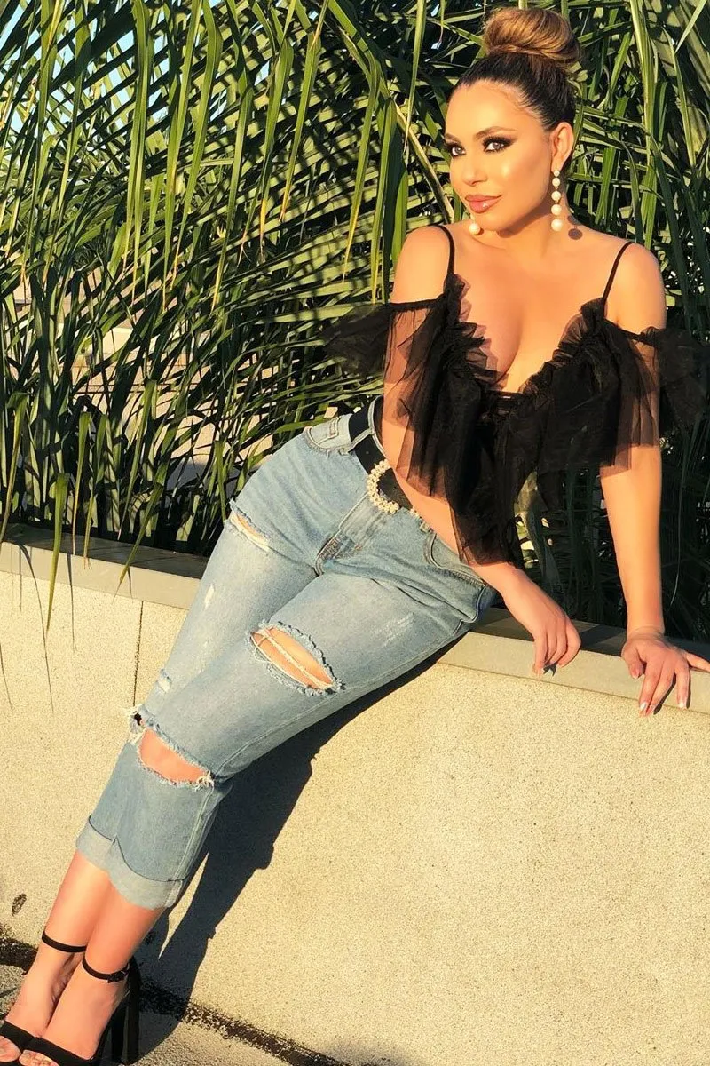 Black Tulle Ruffle Bodysuit - Irelia