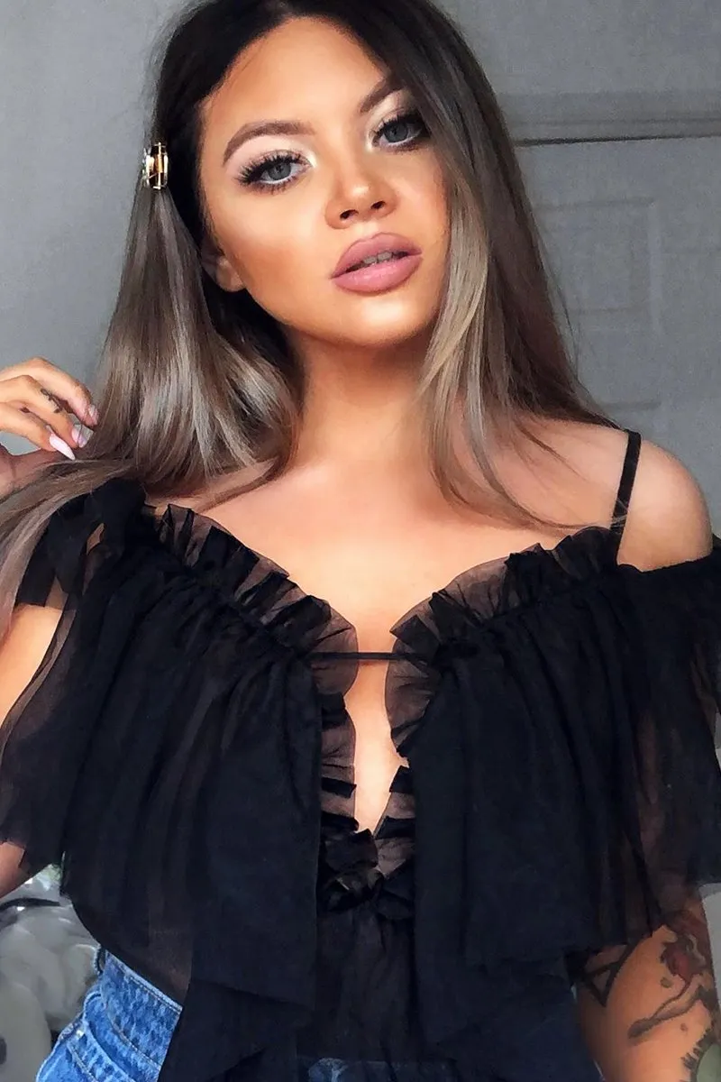 Black Tulle Ruffle Bodysuit - Irelia