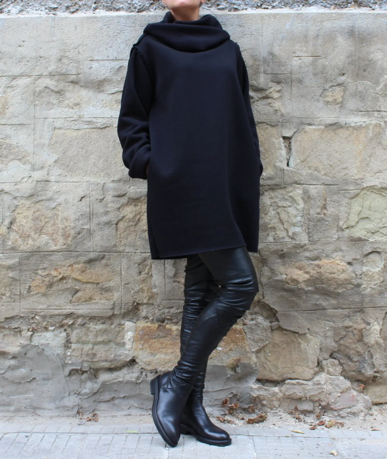 Black Turtleneck Dress, Long Sleeve Dress, Winter Dress, Gothic Tunic Dress, Cowl Neck Dress, Plus Size Clothing, Pocket Dress, Oversize